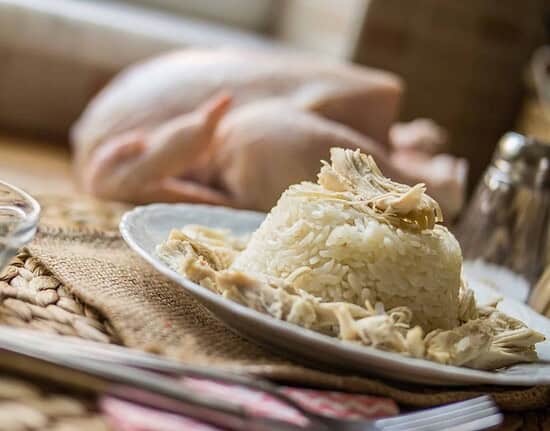 bland diet for dogs - plate of chicken and white rice