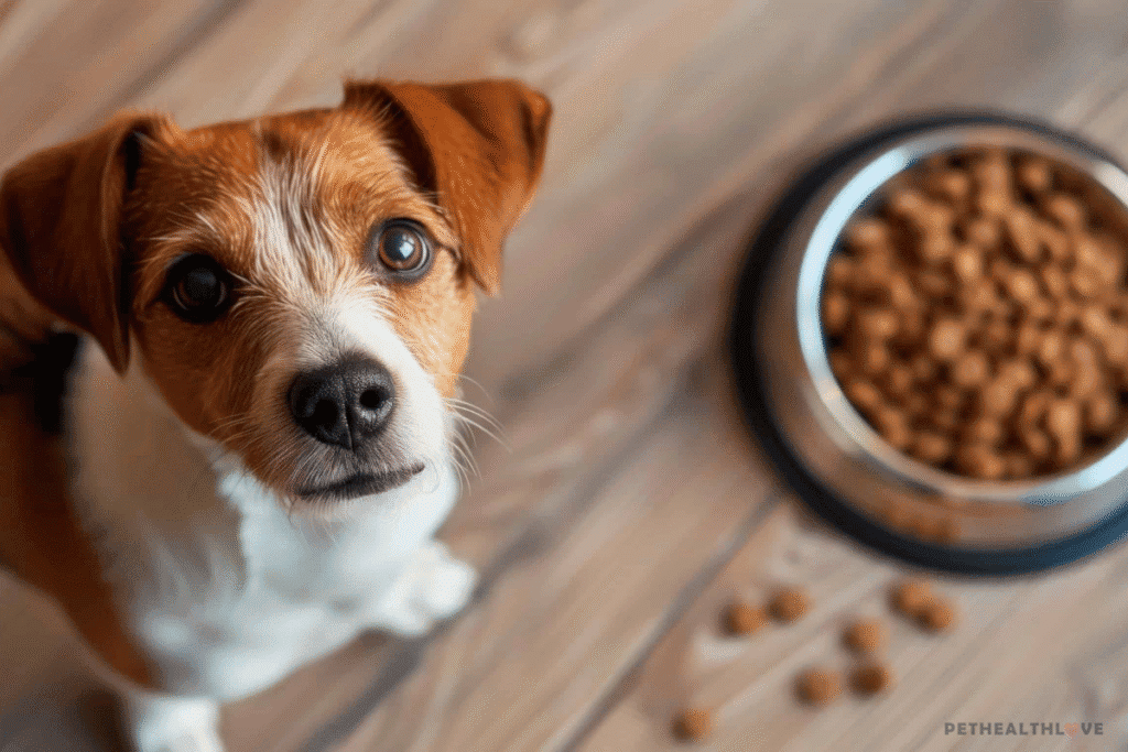 job loss - dog sitting next to a bowl of dog food