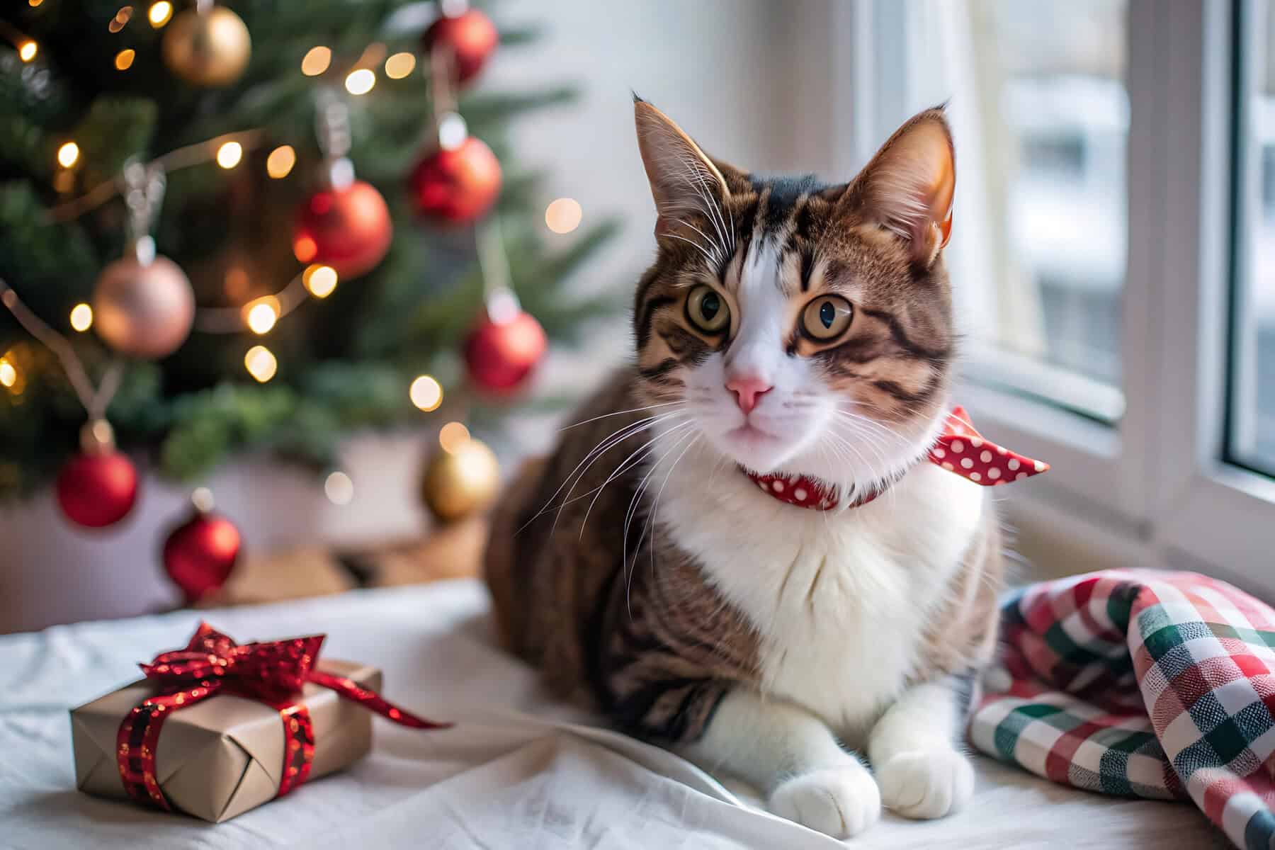 christmas cat gift guide- white tabby cat sitting near a gift and christmas tree