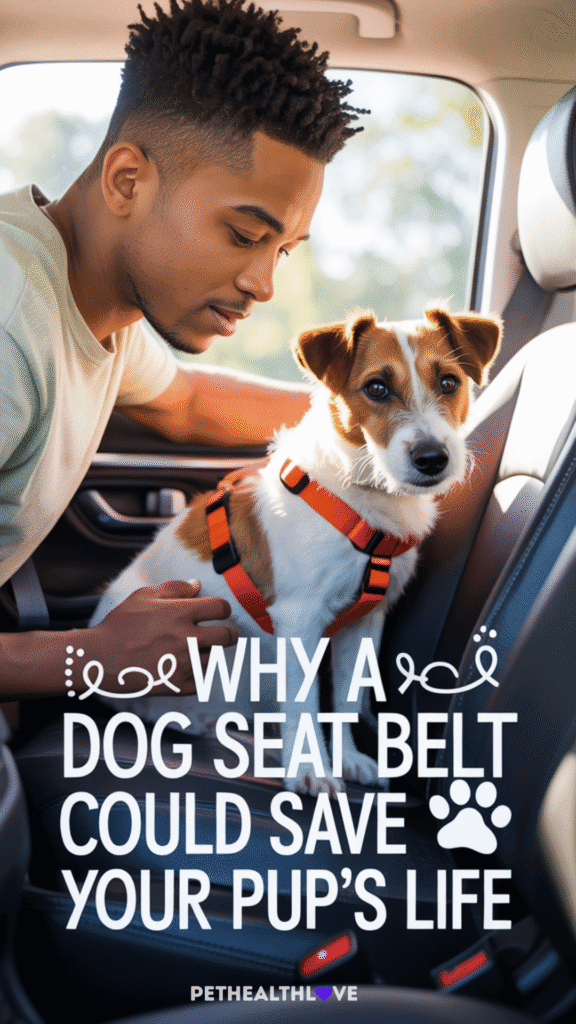 dog seat belt - young man buckling up his JRT in the car