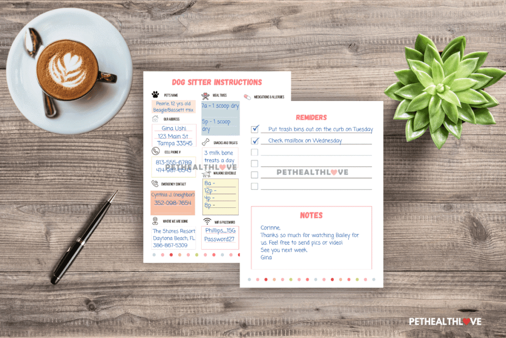 petsitter printables on a wood desktop