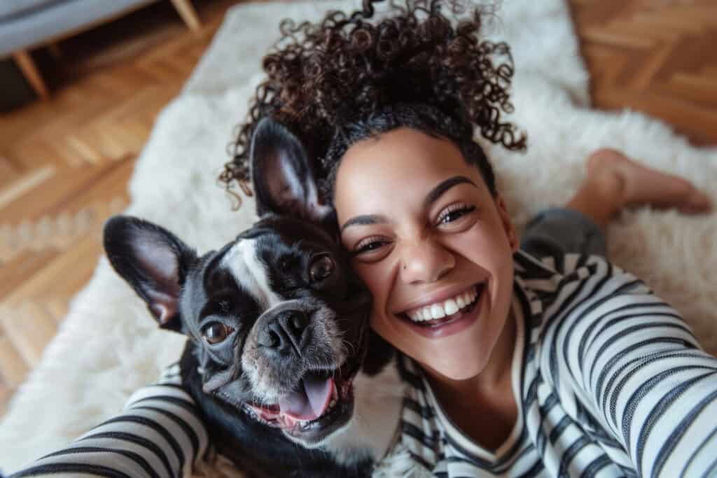 young lady taking a selfie with a Frenchi