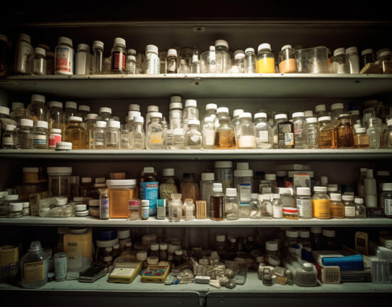 A medication cabinet, shelf after shelf lined with pill bottles.