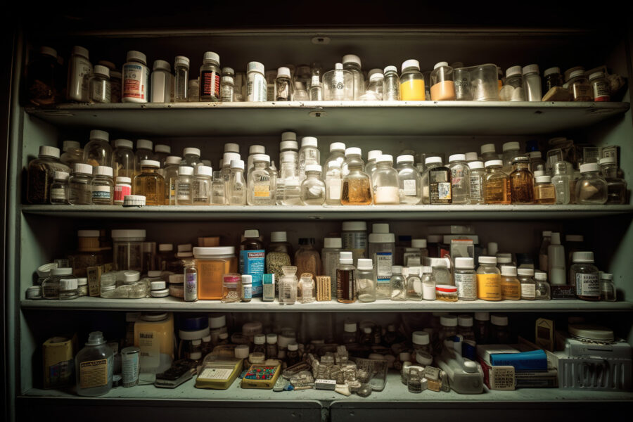A medication cabinet, shelf after shelf lined with pill bottles.