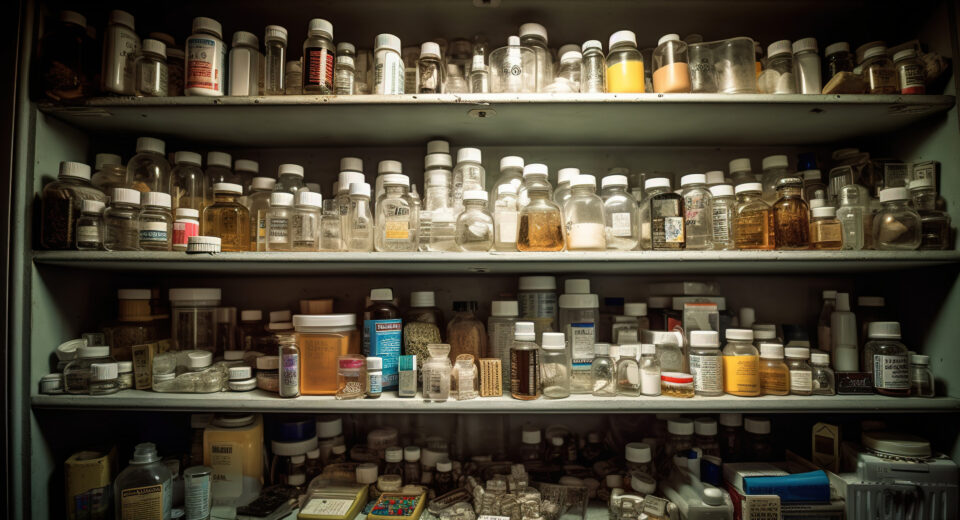 A medication cabinet, shelf after shelf lined with pill bottles.