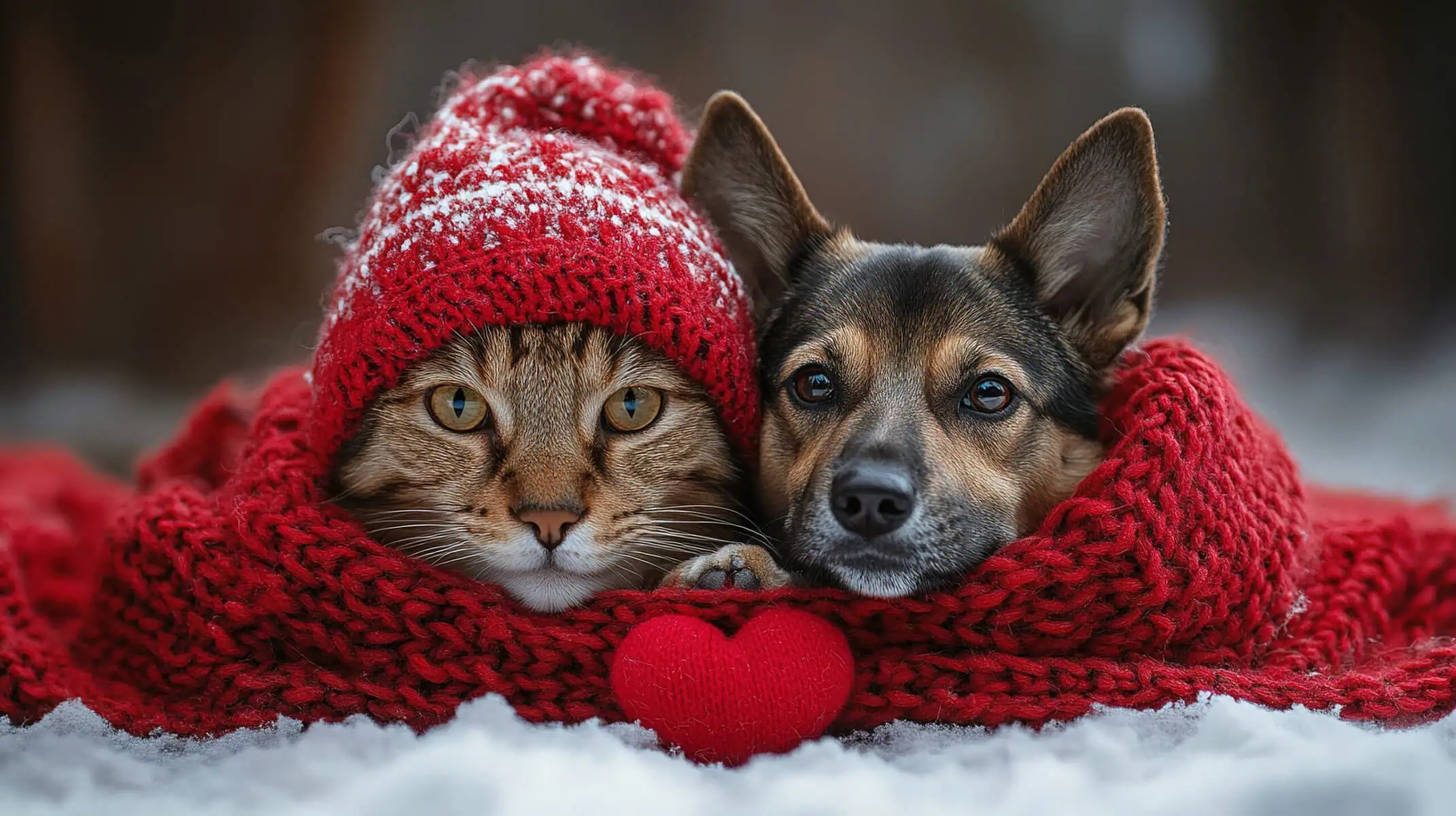 cute cat and dog are lying on a bed together surrounded by knitted red hearts