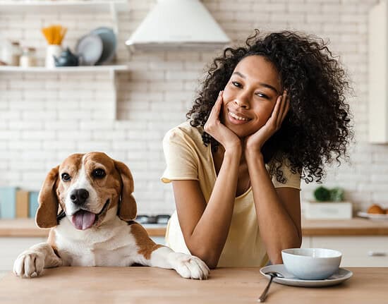 Smiling young woman leaning on a kitchen counter with her pet beagle - best kidney diet for dogs