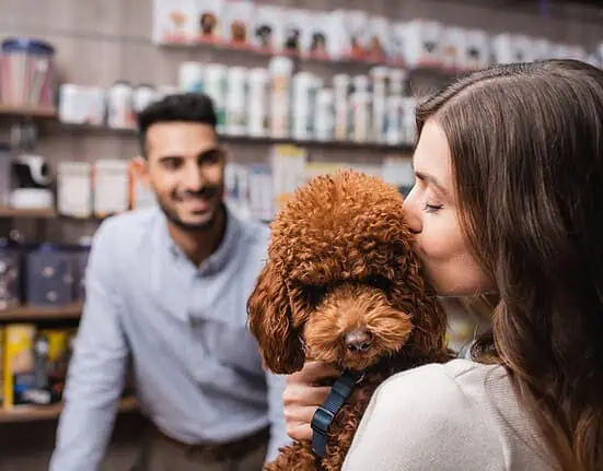 pet supply stockpile - Woman kissing poodle near blurred salesman in pet shop