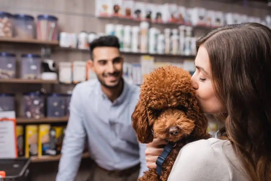 pet supply stockpile - Woman kissing poodle near blurred salesman in pet shop