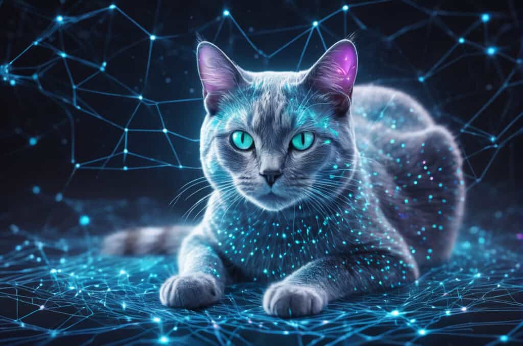 Blue cat with blue eyes and network connection on dark background. 3D rendering - AI pet care