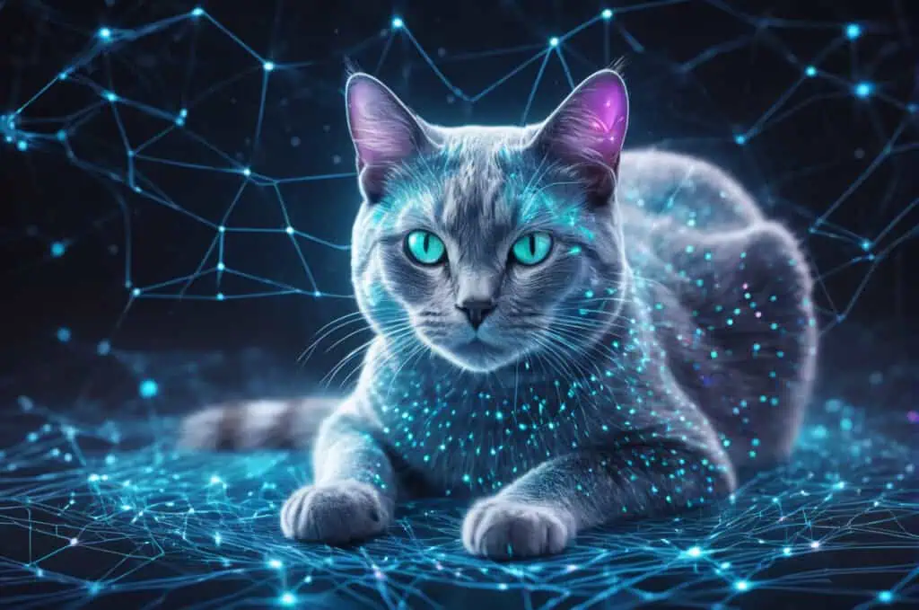 Blue cat with blue eyes and network connection on dark background. 3D rendering - AI pet care