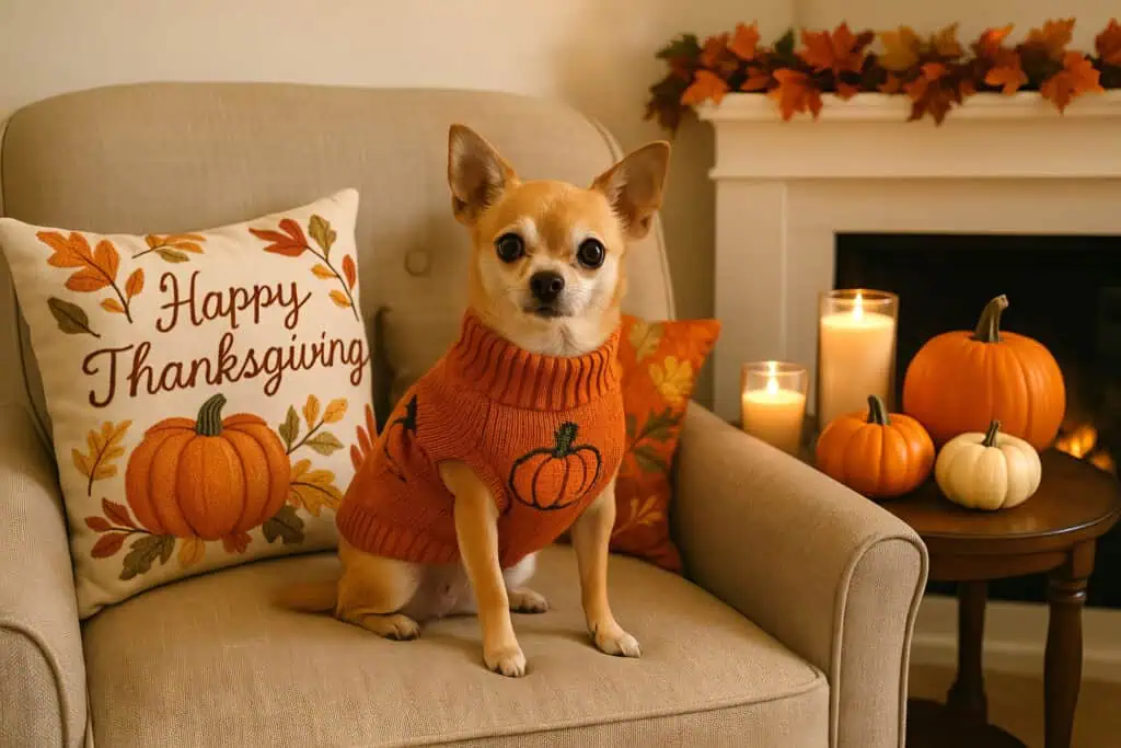Small dog in a pumpkin sweater sitting on a cozy armchair with thanksgiving decor and pumpkins. concept of festive pet portrait, autumn holiday celebration, cozy home atmosphere.